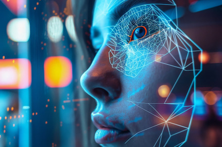 Woman face with digital grid pattern on dark blue background, au, a Photo by Dvoevnore photos