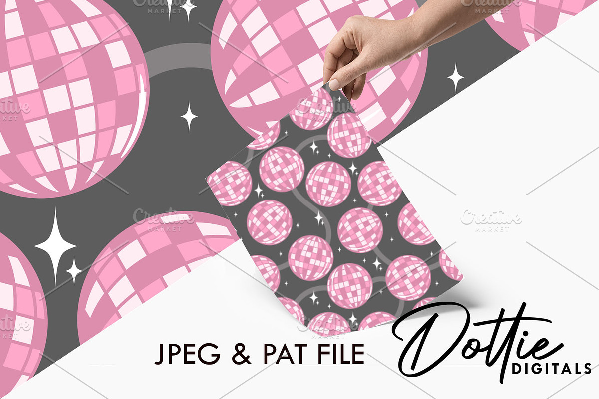 Pink Disco Balls on Black Pattern, a Pattern Graphic by Dottie Digitals (Photo 2 of 2)