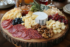 Delicious cheese and charcuterie platter featuring brie, cheddar, blue cheese,, a Food & Drink Photo by AlyaAnd