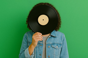 Vinyl record held by person in denim, a Photo by Dvoevnore photos