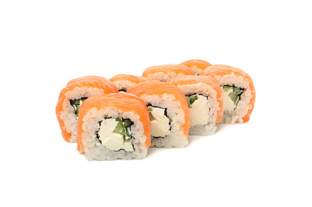 Japanese food. Delicious sushi rolls isolated on white backgroun, a Food & Drink Photo by AtlasStudio