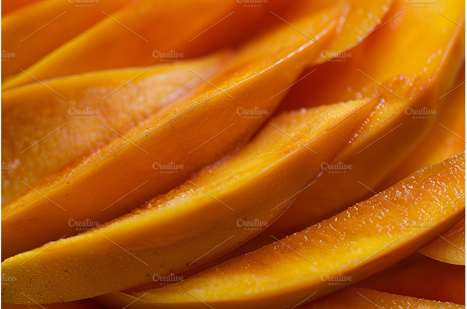 Close up of freshly cut mango slices, a Food & Drink Photo by Ylivdesign