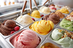 Assorted ice cream flavors in display tubs, a Food & Drink Photo by AlyaAnd