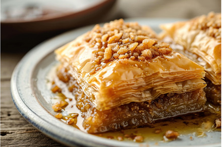 Indulgent Baklava arabian dessert, a Food & Drink Photo by Ylivdesign
