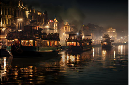 Tranquil Night river boats. Generate, an Architecture Photo by Ylivdesign