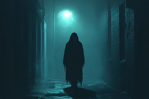 Eerie cloaked figure stands in a fog, an Abstract Photo by Pixeness Studio