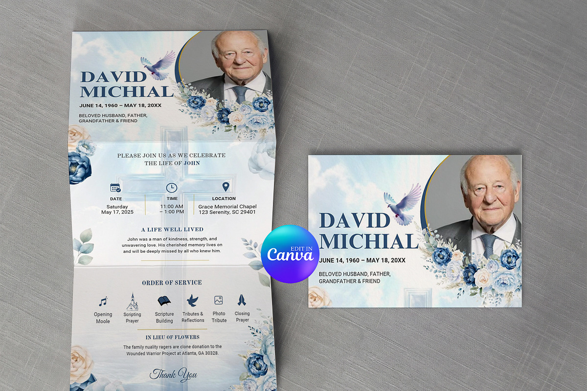 Blue Floral Funeral Program, an Invitation Template by Arslan (Photo 2 of 3)