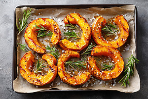 Roasted pumpkin slices garnished with rosemary and coarse salt on a baking tray, a Food & Drink Photo by AlyaAnd
