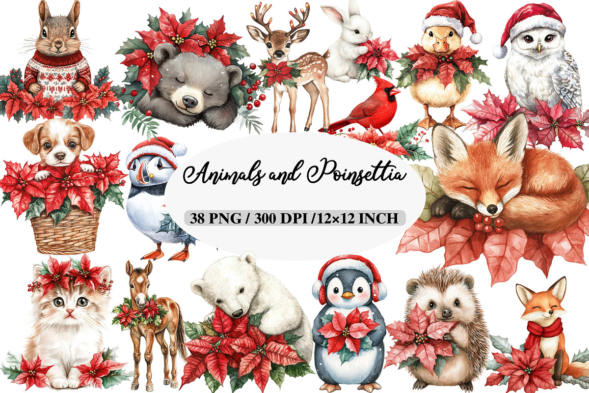 Christmas Animals and Poinsettia, an Illustration by Daily.Designs (Photo 1 of 5)