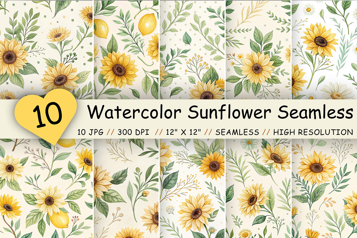 Watercolor Sunflower Digital Paper, a Pattern Graphic by FloridPrintables (Photo 1 of 10)