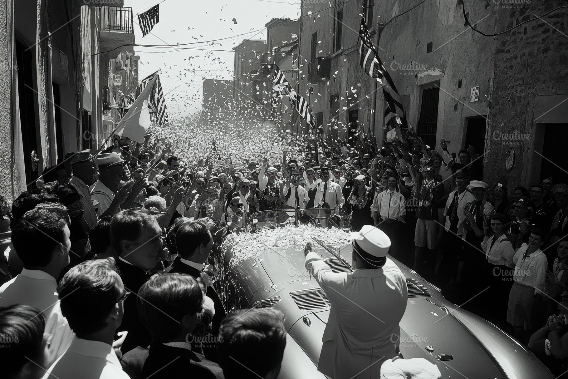 Crowd celebrates as classic car para, a Photo by Tanuart