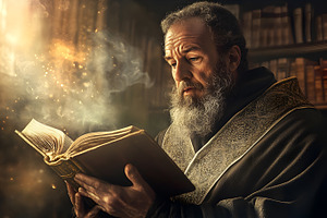 Elderly man reading magical glowing, a Person Photo by Photostock
