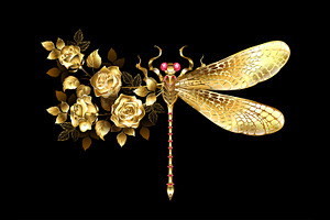 Golden Flower Dragonfly With Roses