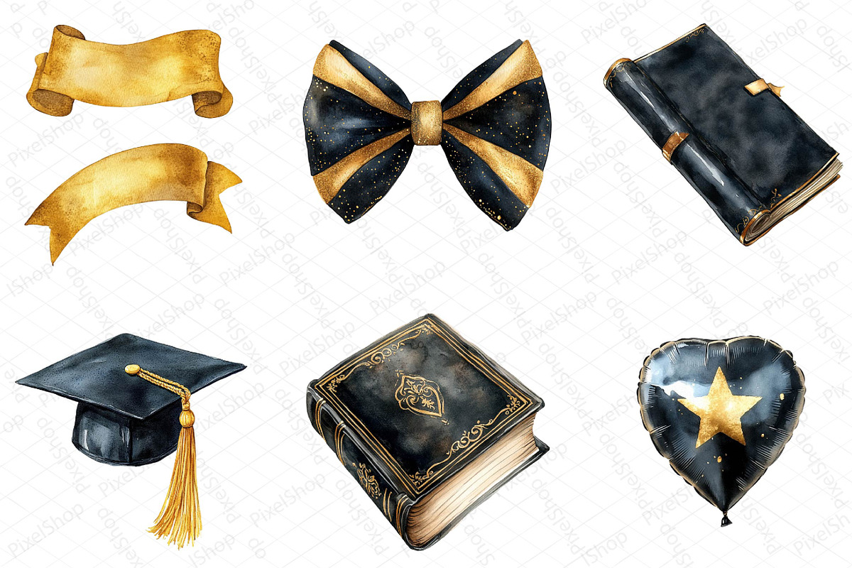 Watercolor Black & Gold Graduation D, an Illustration by DreamPrint404 (Photo 3 of 7)