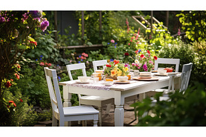 garden white wood table ai generated, a Nature Photo by pikepicture