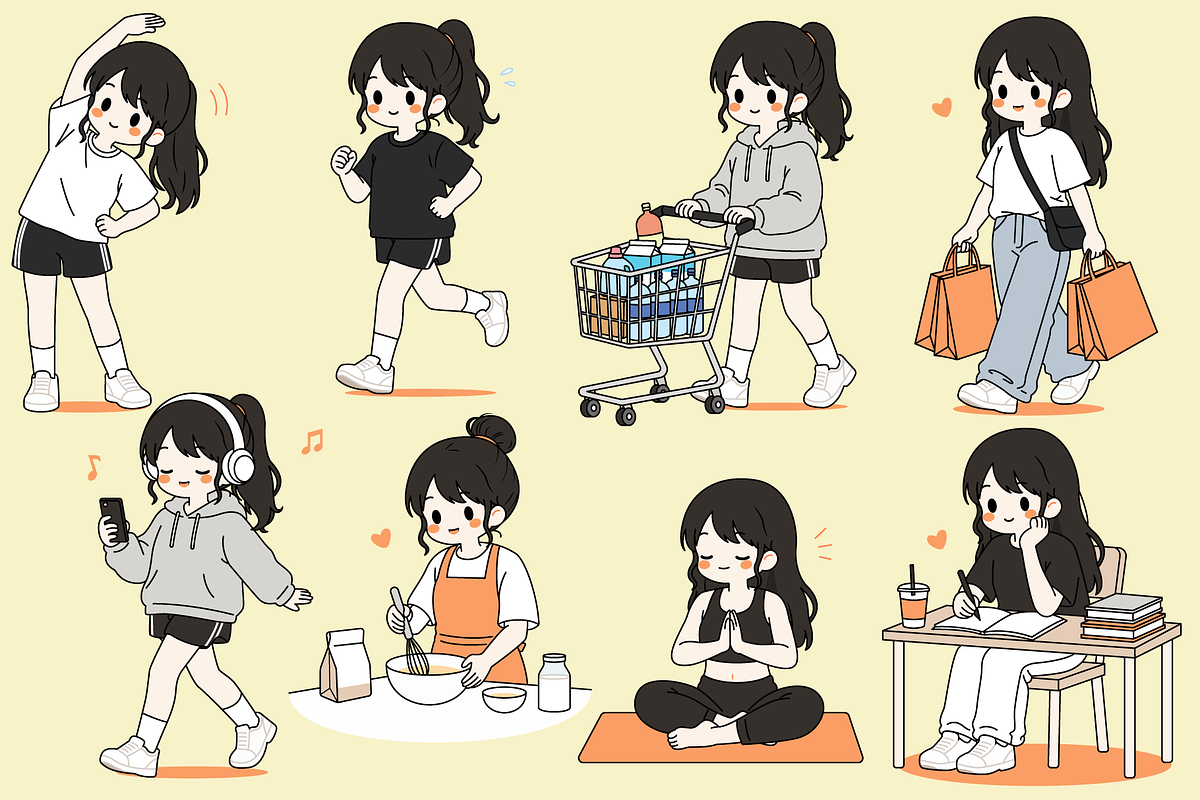 Girl Daily Activities Set Cartoon, a Person Illustration by Artpon Illustration (Photo 3 of 3)