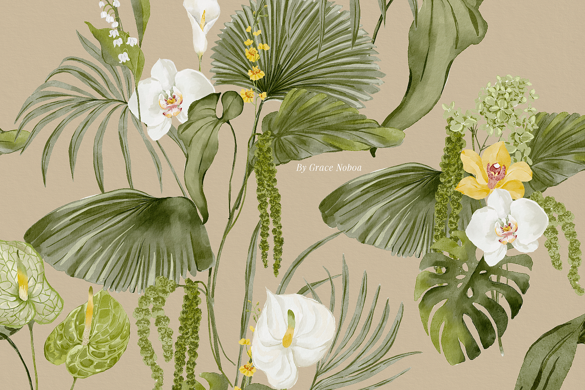 Tropical green watercolor flowers, an Object Graphic by Grace Noboa Illustrations (Photo 11 of 11)