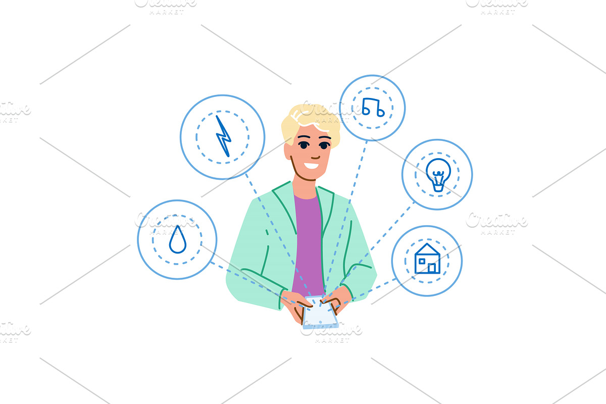 Man managing smart home appliances, a Technology Illustration by pikepicture