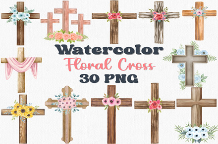 Watercolor Floral Cross Clipart Set