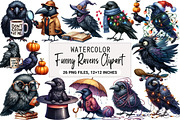 Funny Ravens Watercolor Clipart, an Illustration by DreamArtGraphic (Thumbnail 1 of 5)