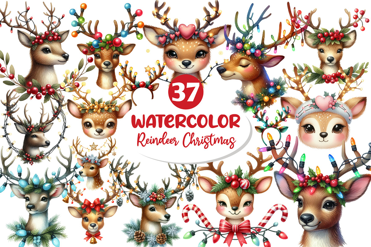 Reindeer Face Christmas Clipart, an Illustration by Dream Creation (Photo 1 of 7)
