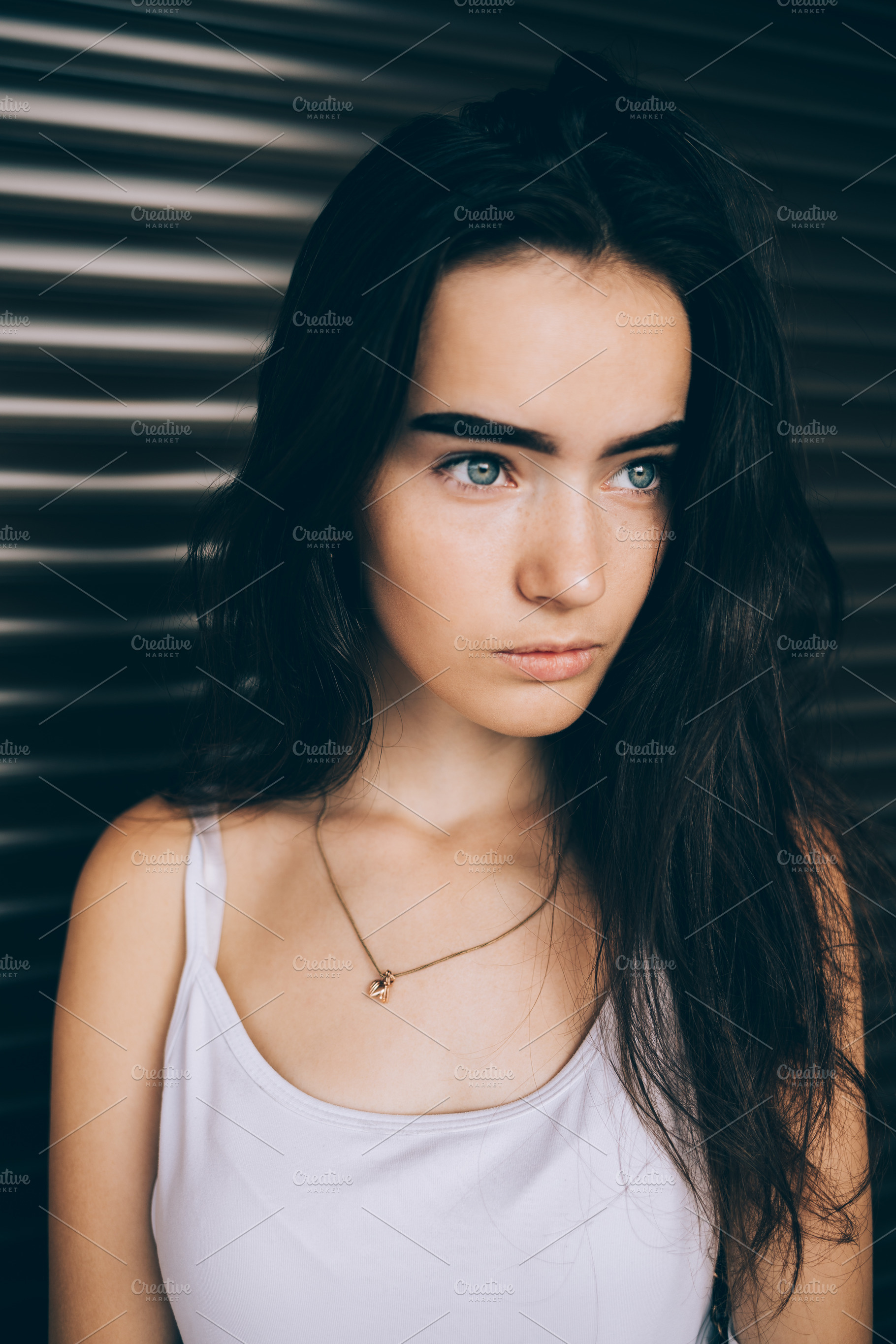 Portrait calm brunette girl wearing white top, a Person Photo by progressman