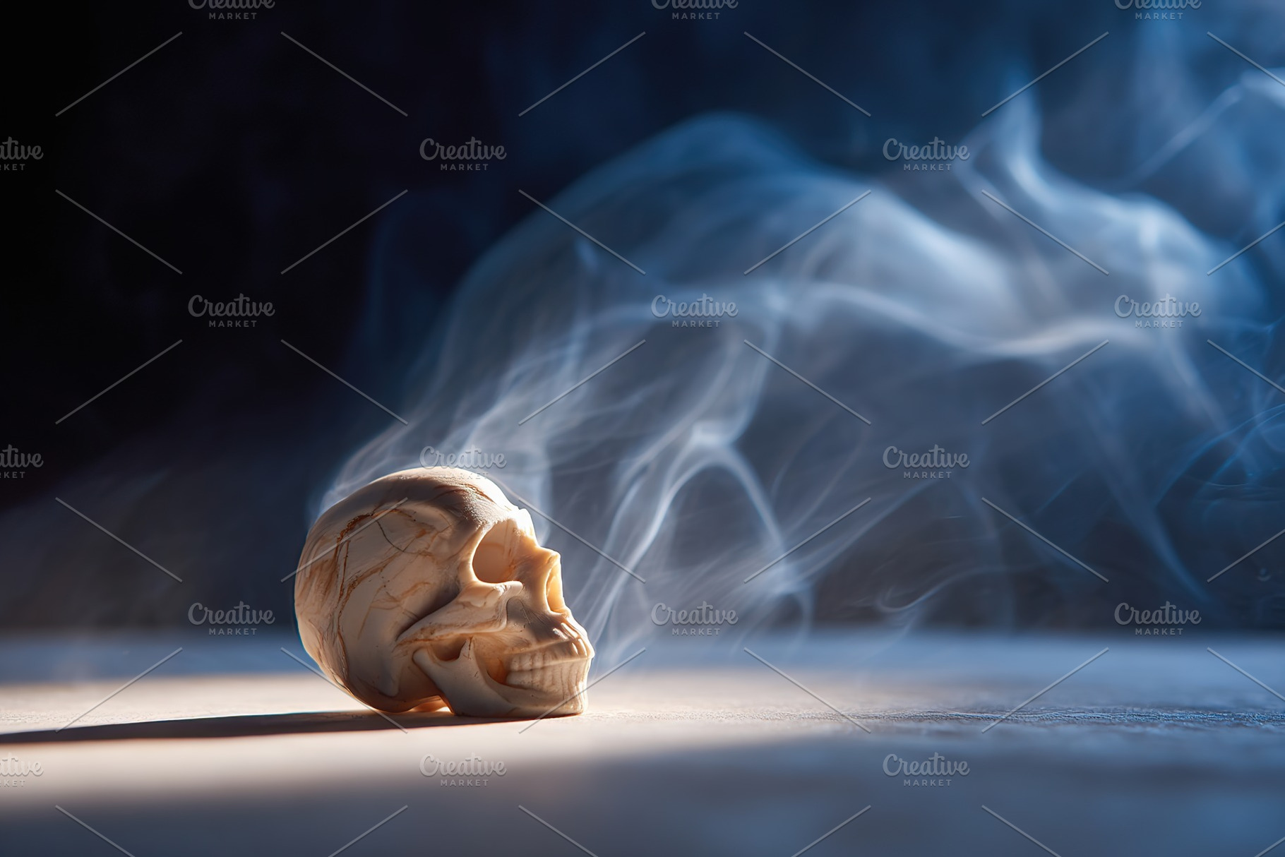 Mysterious skull with smoke swirling around in a dimly lit environment, an Arts & Entertainment Photo by AlyaAnd