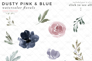 Dusty Pink & Blue Watercolor Flowers