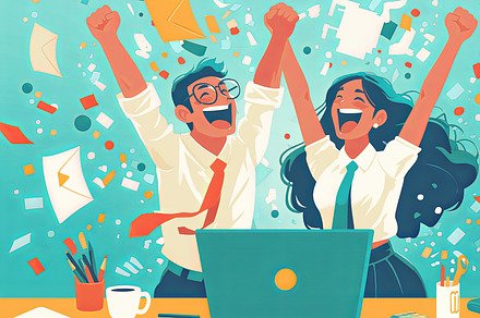 Two happy office workers celebrate a victory with excitement and enthusiasm, an Illustration by AS photostudio