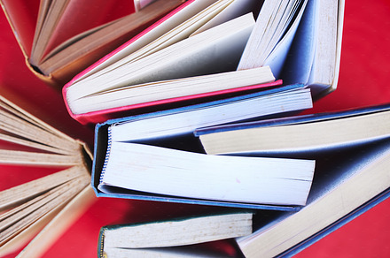 Books, education and learning for knowledge, scholarship or research with red background. Studying, reading and college lifestyle with art or library book, fiction and literature in a creative studio, a Photo by Peopleimages.com