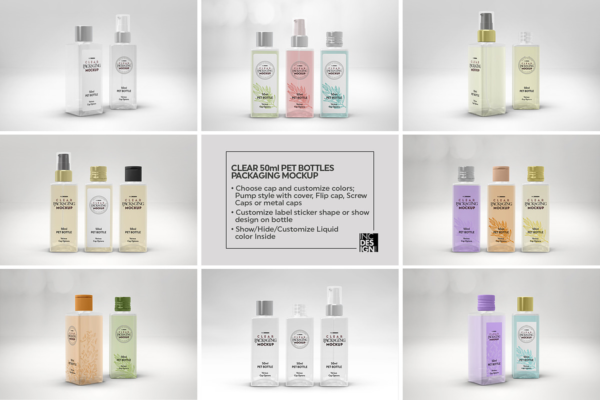 Clear 50ml PET Bottles Mockup, a Packaging Mockup by INCDesign (Photo 3 of 10)