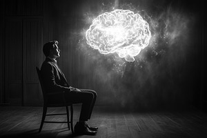 A cognitive psychologist man sitting on a chair in a dark room, gazing at a glo, a Person Photo by Textures & Backgrounds