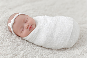 A swaddled newborn baby with a smile, a Beauty & Fashion Photo by ZinetroN