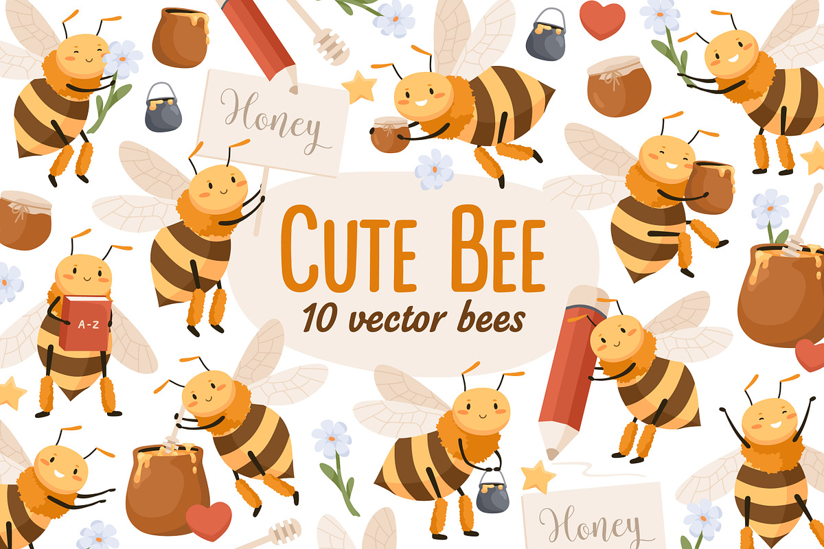 Cute bee, childish cartoon set, an Animal Illustration by Good Studio (Photo 1 of 6)