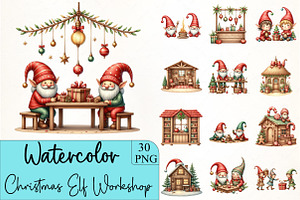 Christmas Elf Workshop Clipart, an Illustration by CrexoraLab