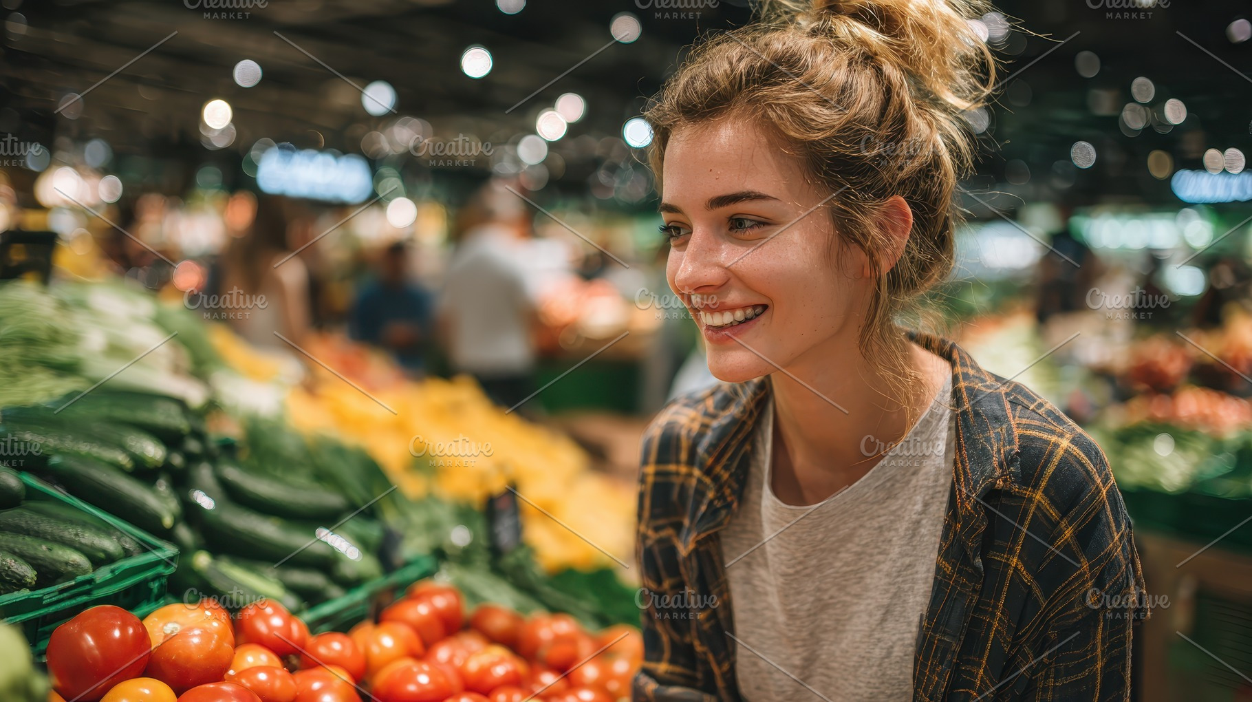 Happy woman shopping fresh produce a, a Photo by Pixeness Studio