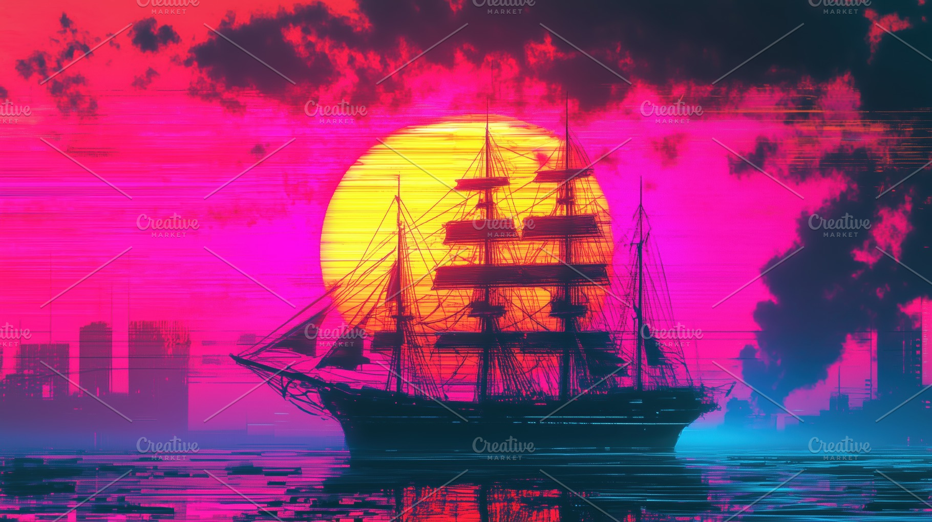 A vibrant digital artwork featuring a tall ship sailing against a large, colorf, an Industrial Photo by Textures & Backgrounds