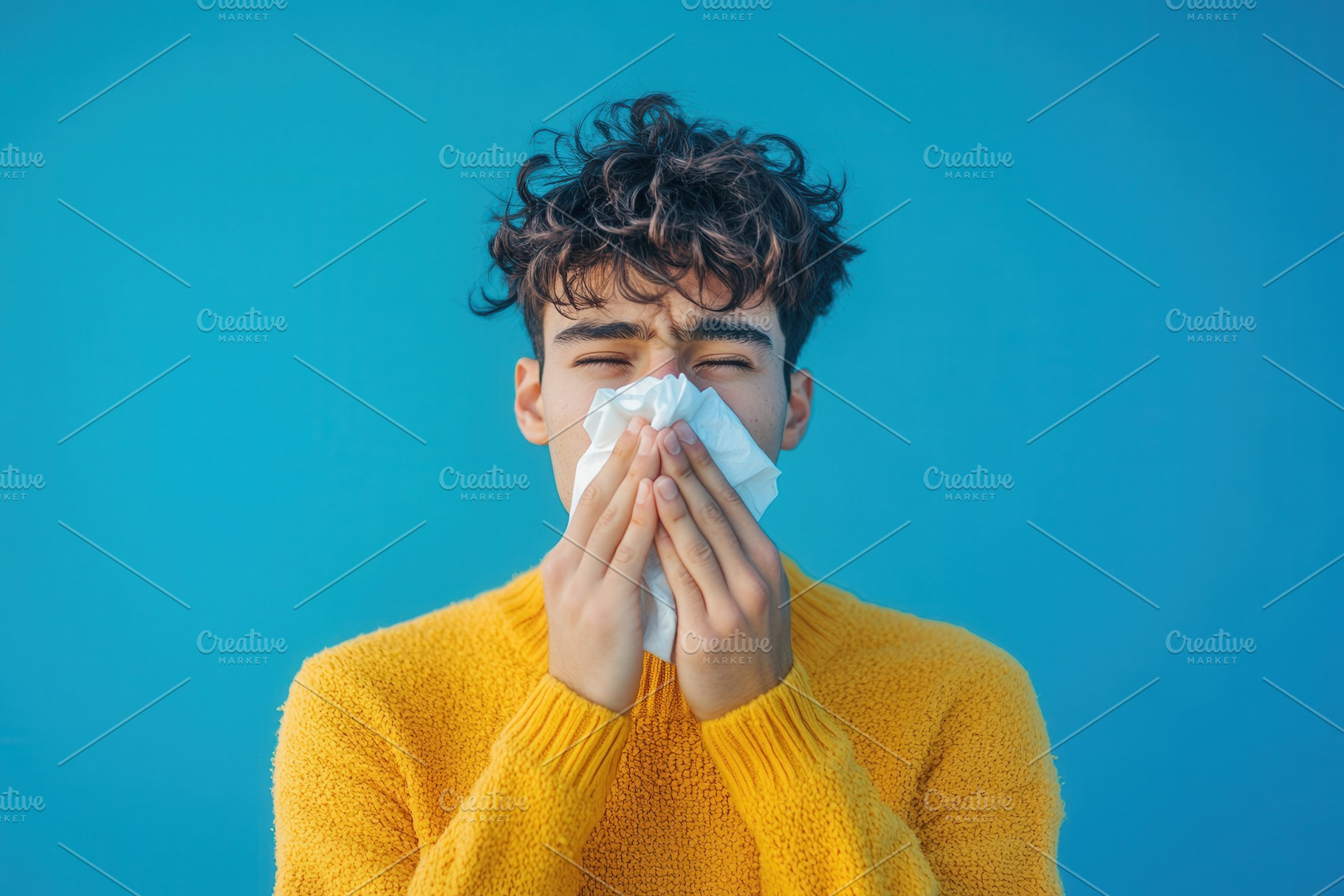 Man in yellow sweater blowing nose, a Photo by Pavel_design