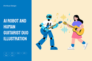 AI Robot and Human Guitarist, a Technology Illustration by Partikusi Design