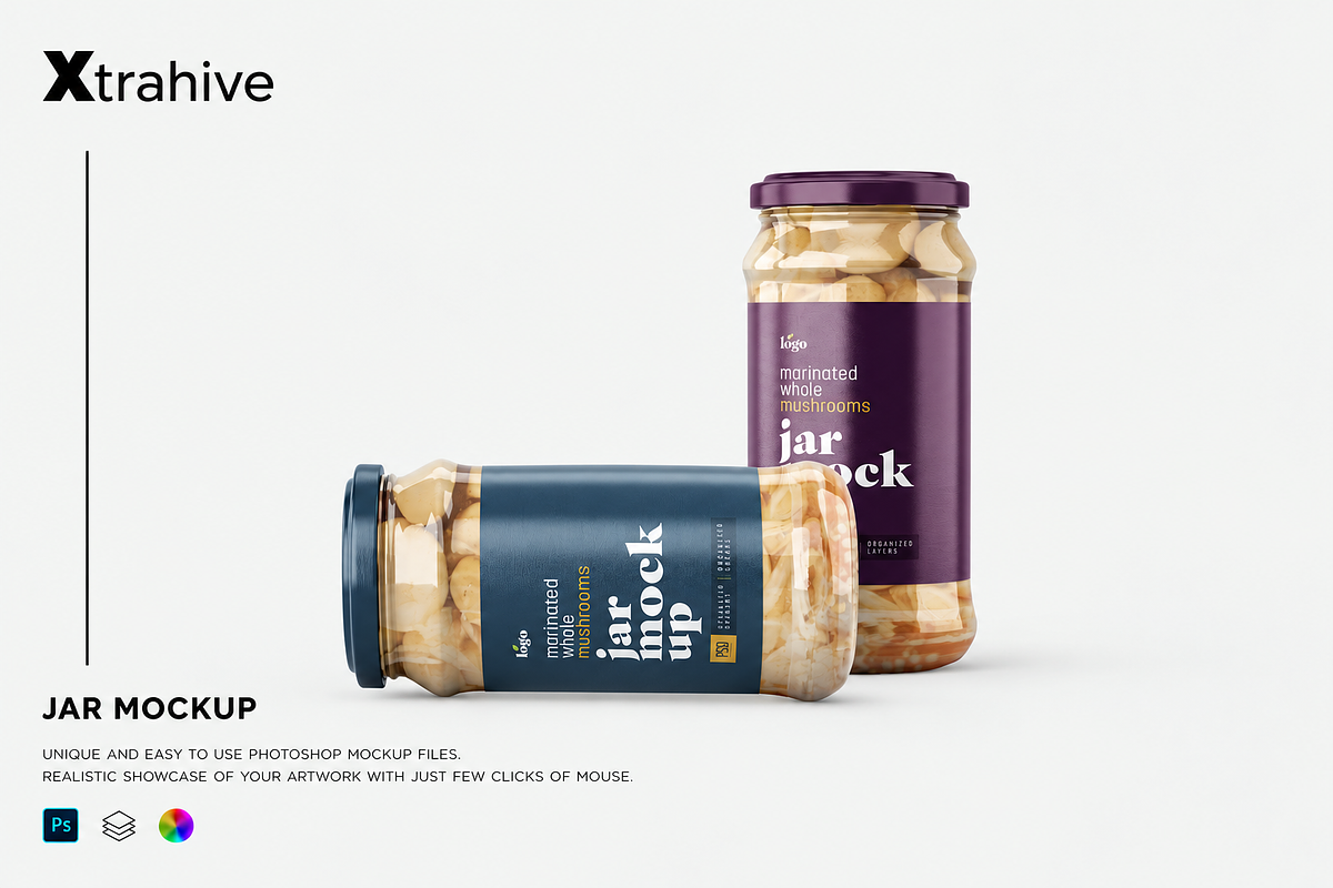 Whole Mushroom Jar Mockup Set, a Packaging Mockup by Xtrahive (Photo 1 of 2)