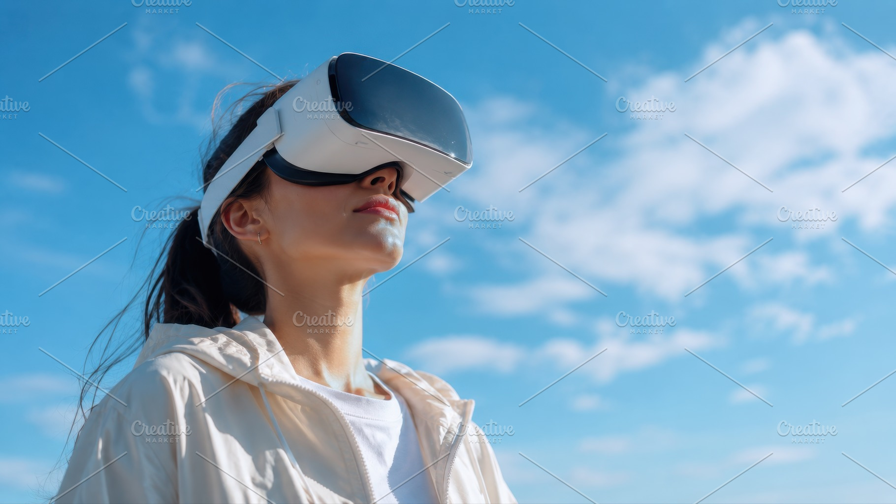Woman wears VR headset in clear sky, a Photo by Beautiful things