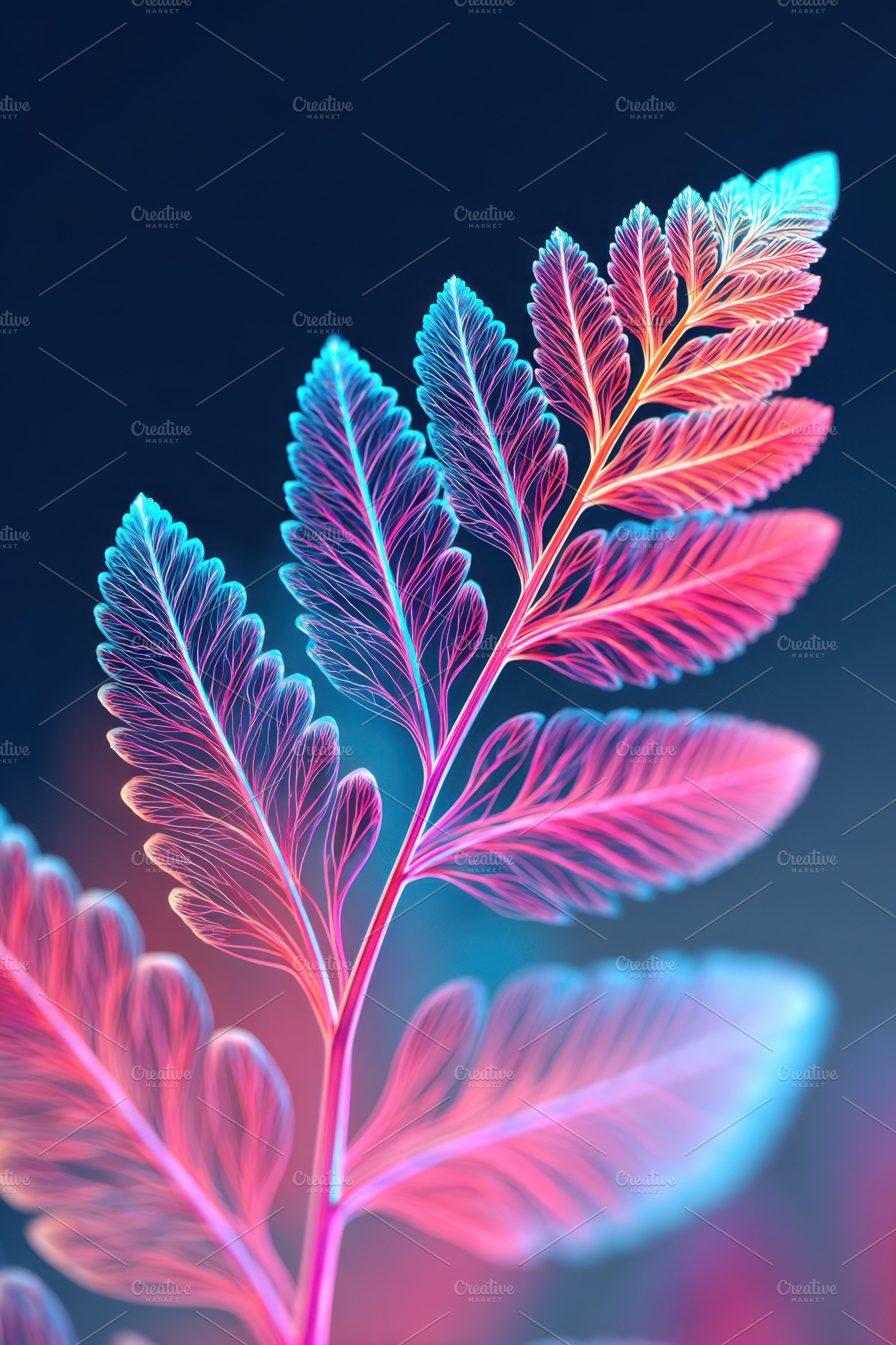 Vibrant fern leaf in blue and pink hues, a Nature Photo by AlyaAnd