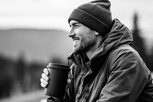 Smiling man in warm outdoor clothing, a Food & Drink Photo by MistyDay
