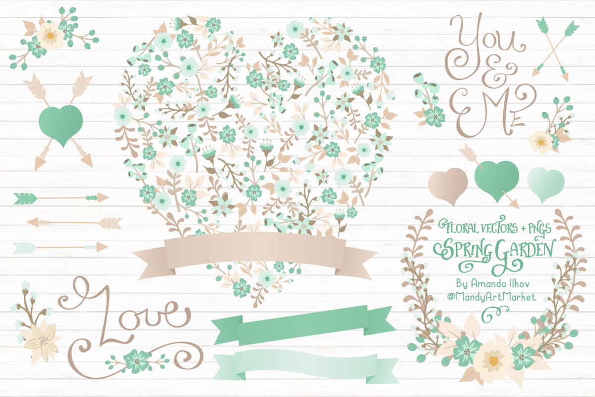 Mint Floral Heart & Banner Vectors, an Illustration by Amanda Ilkov (Photo 1 of 4)