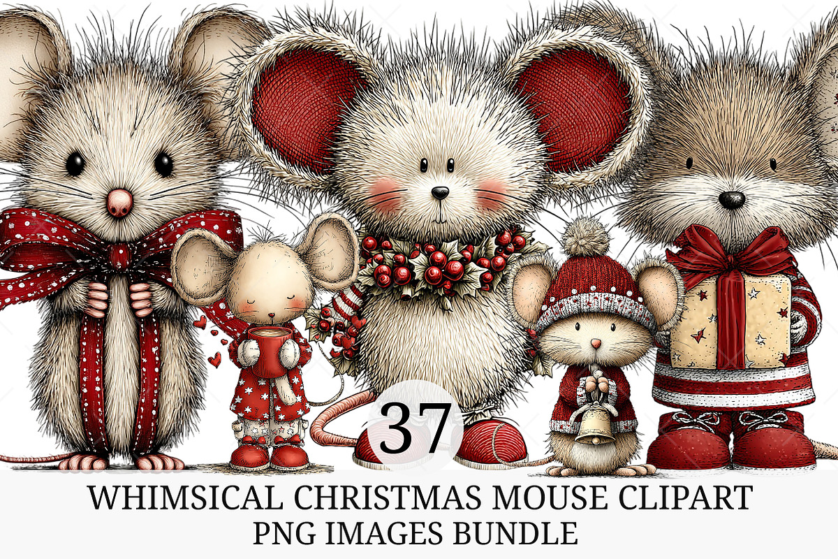 Whimsical Christmas Mouse Clipart, an Illustration by Craft Nest (Photo 1 of 10)