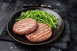 Grilled beef and pork meat patty paired with fresh veggies, an e, a Food & Drink Photo by composter-box@mail.ru