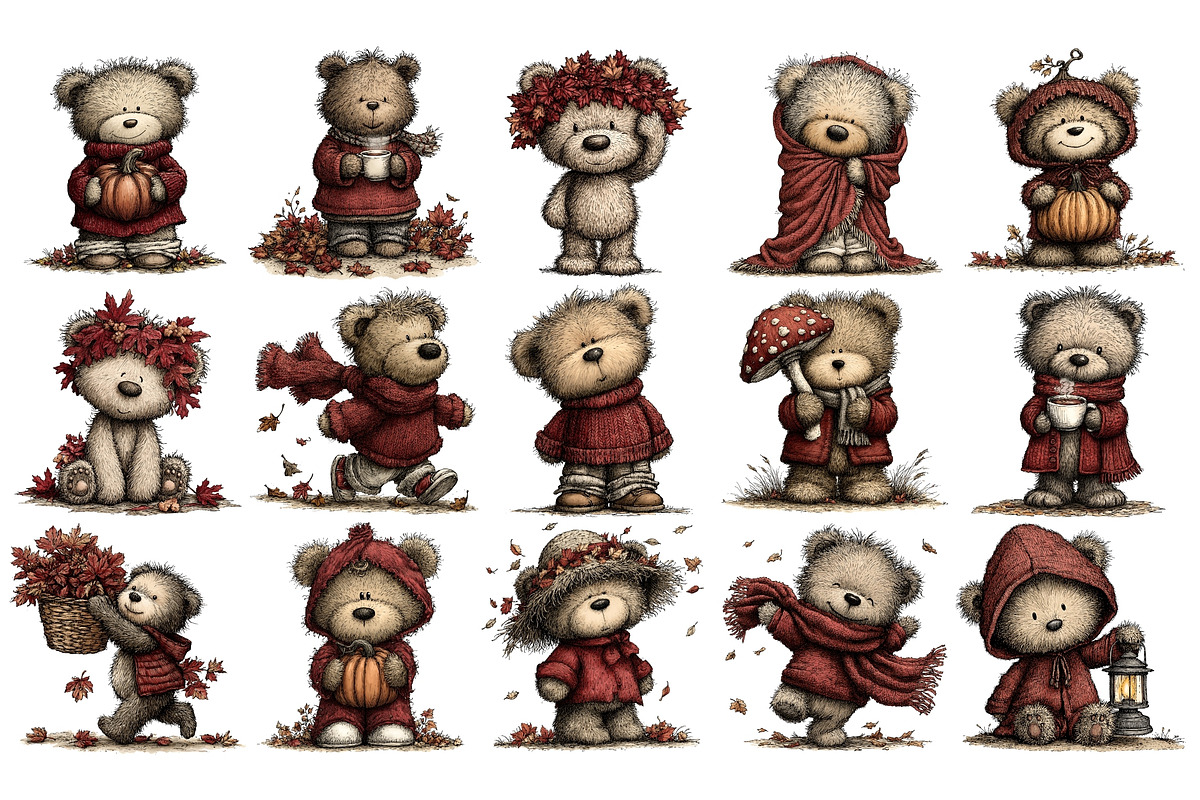 Autumn Bear PNG Clipart Bundle, an Animal Illustration by Nicolle's Colorful Art (Photo 2 of 6)