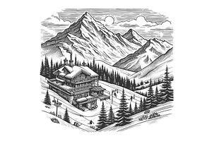 ski resort lodge in snowy mountains, an Illustration by AlexArt