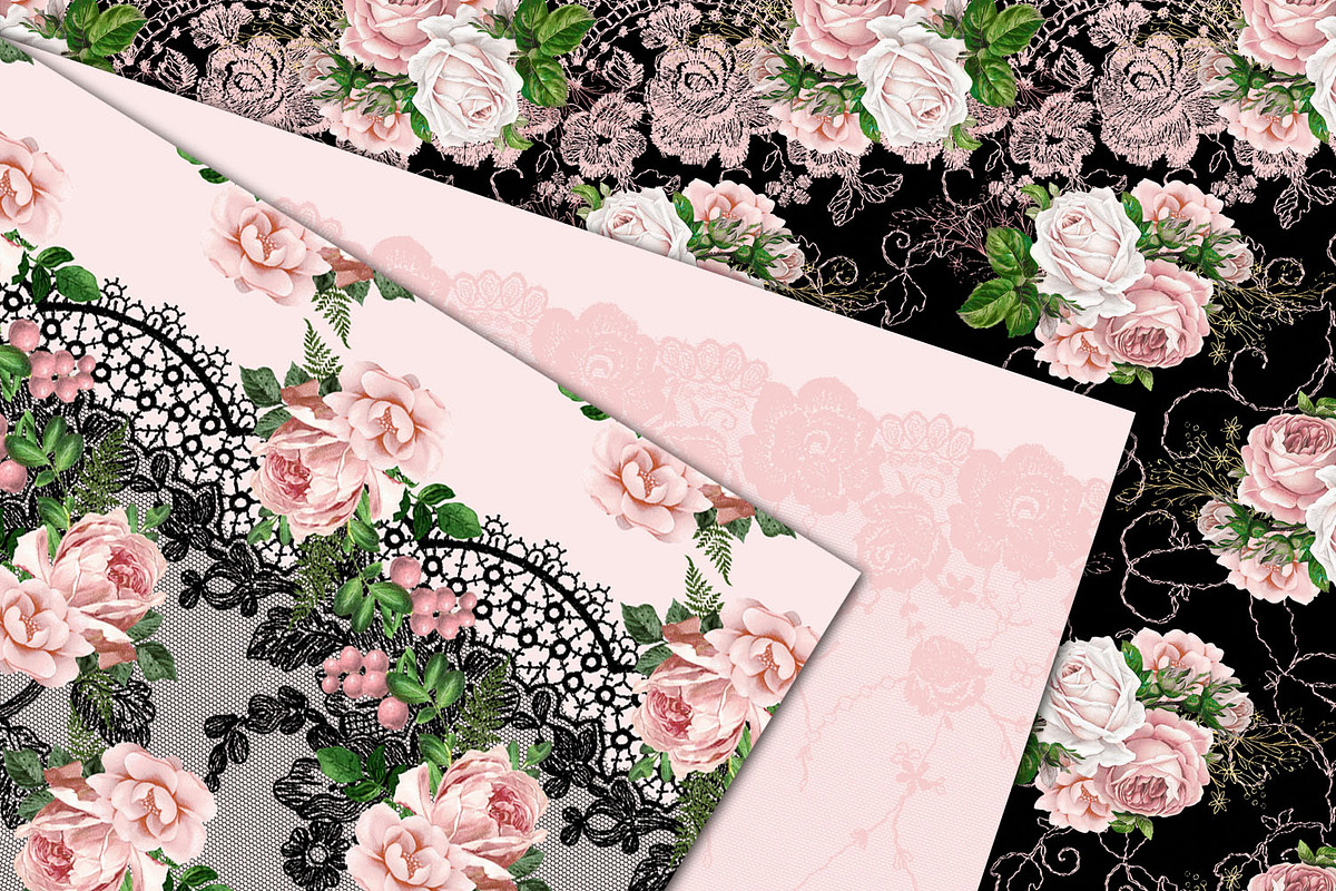Pink Floral Lace Digital Paper, a Pattern Graphic by Digital Curio