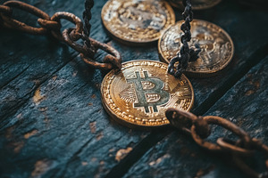 Bitcoin coin secured with rusty chai, a Photo by Tanuart